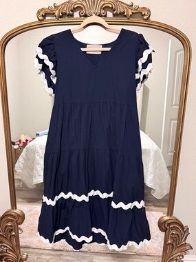 Navy Ruffle Sleeve Tiered Dress